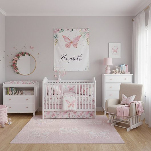 Tenture Bébé papillon et floral pastel