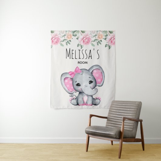 Tenture Bébé rose mignonne Eléphant et salle Rose (En situation)