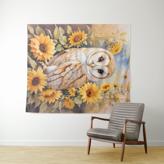 Tenture Belle Chouette Et Fleurs De Soleil (En situation (horizontale))