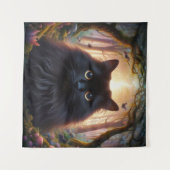Tenture Belle Fluffy Chat Noir avec yeux or (Devant (Horizontal))