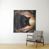 Tenture Belle Fluffy Chat Noir avec yeux or (En situation (horizontale))