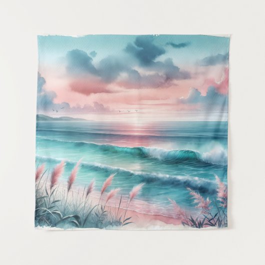 Tenture Belle scène océanique en rose et bleu (Devant)