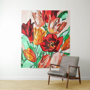 Tenture Belle Tulipes Bouquet Floral Black Outline Art