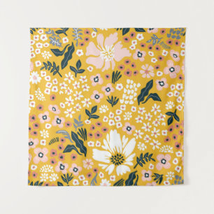 Tenture Belles fleurs de jardin sur arrière - plan jaune.