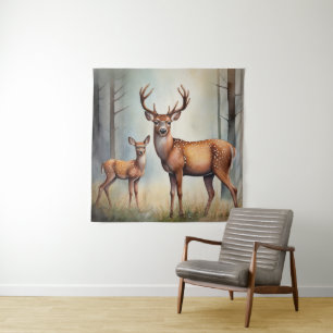 Tenture Biche et Faon dans un Paysage Boisé Lumineux