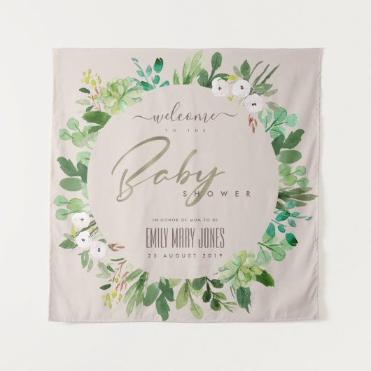 Tenture BIENvenue À LA BABY SHOWER À L'AQUARELLE FEUILLAGE (Devant)
