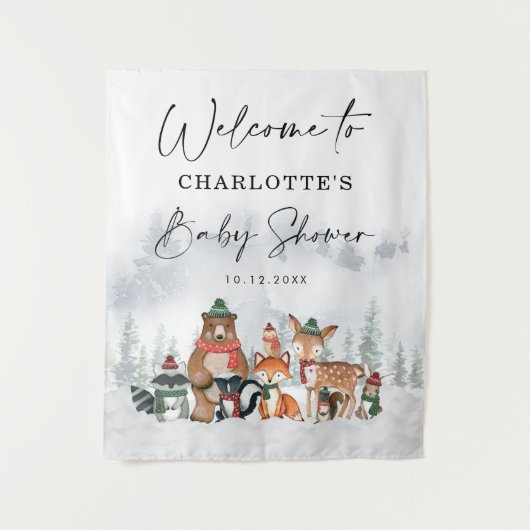 Tenture Bienvenue à la Baby Shower Forêt Animale d'Hiver (Devant)