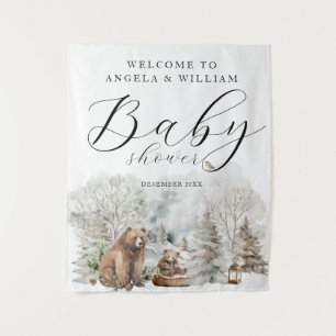Tenture Bienvenue à la Baby Shower Forêt d'Hiver Rustique