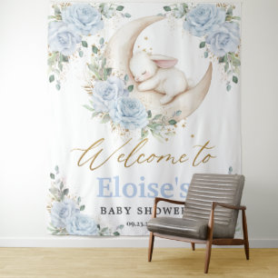 Tenture Bienvenue à la Baby Shower Lapin Bleu Floral Lune