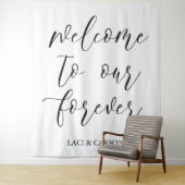 Tenture "Bienvenue à notre Forever" Mariage Tapestry fond (En situation)