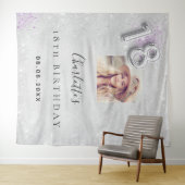 Tenture Bienvenue argent violet photo paillettes 18e anniv (En situation (horizontale))