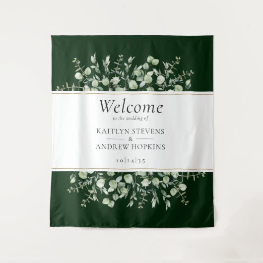 Tenture Bienvenue au mariage au eucalyptus vert foncé  (Devant)