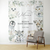 Tenture Bienvenue Bébé Animaux Arctiques Vert de Noël Or (En situation)