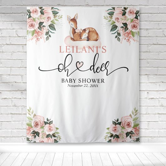 Tenture Bienvenue Bébé Fête de Naissance Cerf Fond Rose Fl
