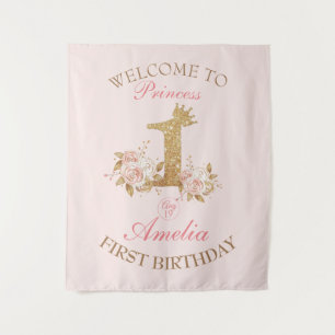 Tenture Bienvenue Couronne Rose Or Princesse 1er Anniversa