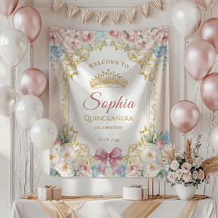 Tenture Bienvenue Élégant Nœud Rose Floral Quinceanera