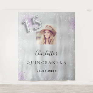 Tenture Bienvenue en photo argent violet paillettes pour Q
