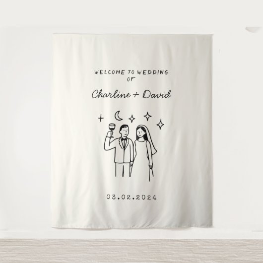 Tenture Bienvenue Mariage Gribouillage Dessiné à la Main (Devant)