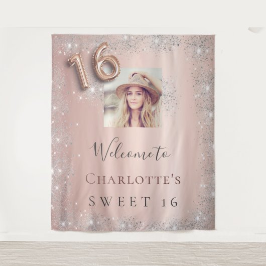 Tenture Bienvenue paillettes argent photo or rose 16 ans d (Devant)
