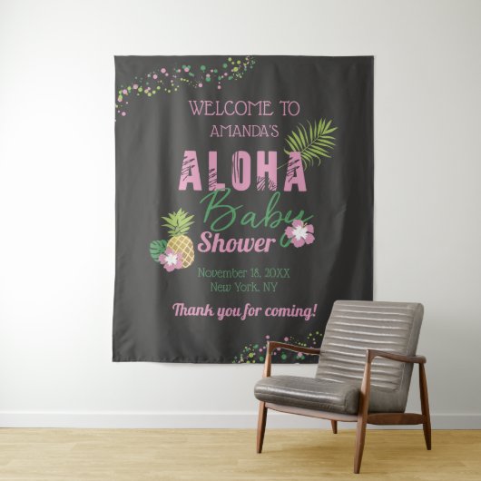 Tenture Bienvenue pour bébé fille rose et vert Aloha (En situation)