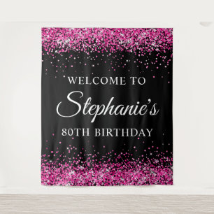 Tenture Bienvenue pour les 80 ans, paillettes rose vif sur