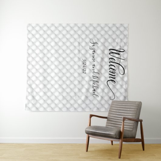 Tenture Bienvenue Tissu Mariage à Carreaux Blancs Perlés A (En situation (horizontale))