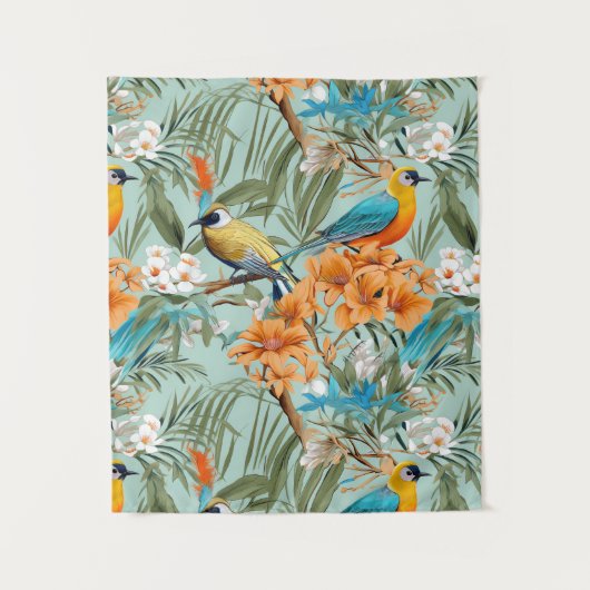 Tenture Birds Chinoiserie Mint Orange (Devant)