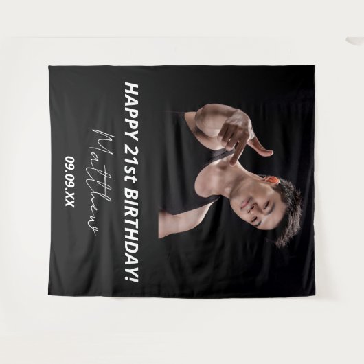 Tenture Birthday party custom photo black white modern guy (Devant (Horizontal))