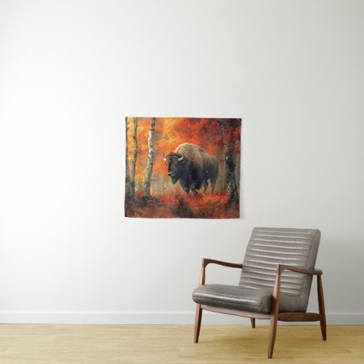 Tenture Bison dans l'artisanat boisé d'automne (En situation (horizontale))