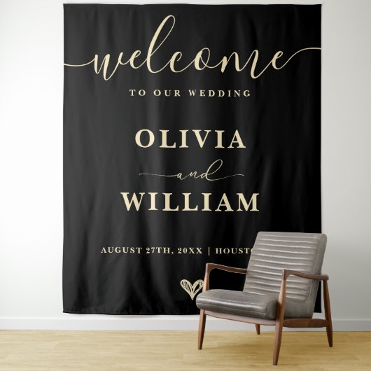 Tenture Black Butter Yellow Wedding Welcome Sign Backdrop (En situation)