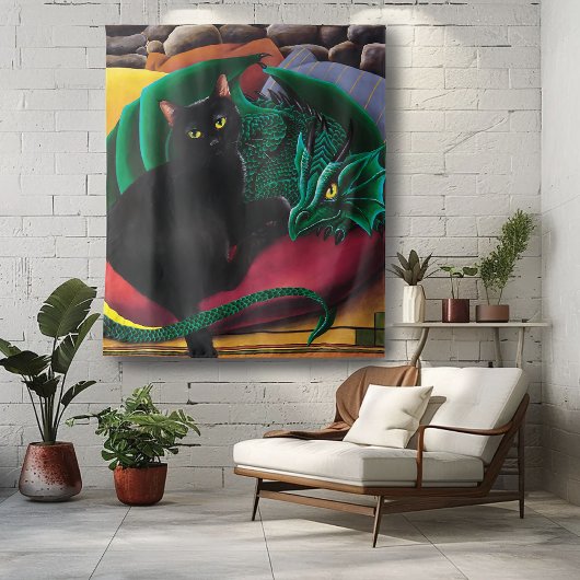 Tenture Black Cat Green Dragon