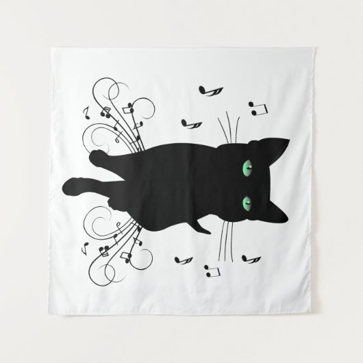 Tenture Black Cat Surrounded by Whispering Notes of Music (Devant (Horizontal))