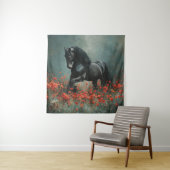Tenture Black Friesian Stallion Red Poppies (En situation)