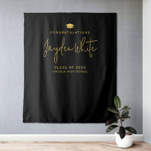 Tenture Black & Gold Simple Modern Script Nom Grad Party