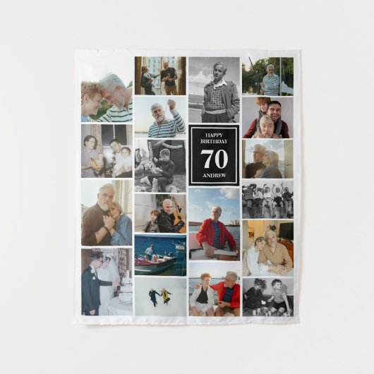 Tenture Black Photo Collage Joyeux Anniversaire Nom et âge (Devant)