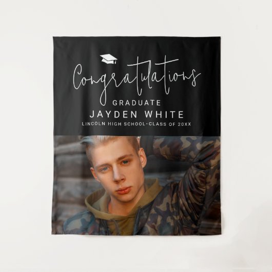 Tenture Black Simple Modern Script Photo Graduation Party (Devant)