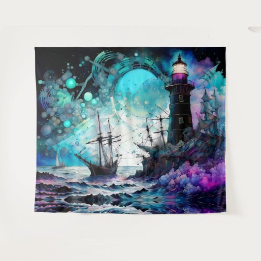 Tenture Blacklight-Lighthouse et voilier mer tempête (Devant (Horizontal))