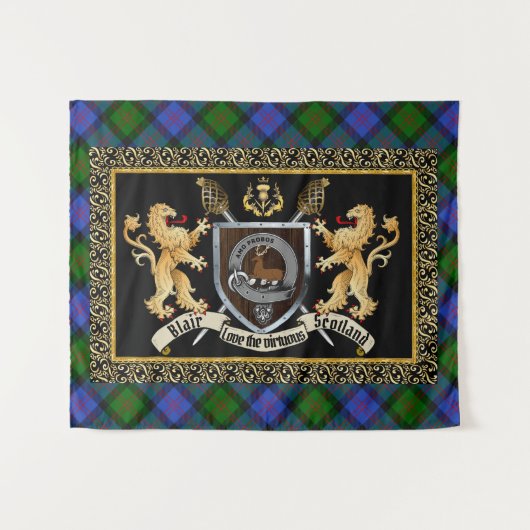 Tenture Blair Clan Badge & Motto avec Lions (Devant (Horizontal))
