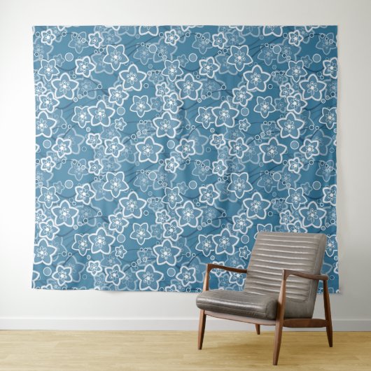 Tenture bleu avec blanc, bleu, fleurs, floral, rustique, f (En situation (horizontale))