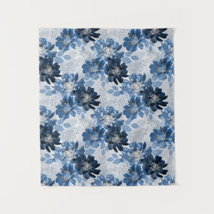 Tenture Bleu clair, fleurs bleu foncé sur gris clair