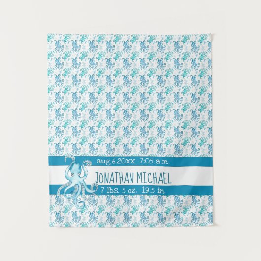 Tenture Bleu et Turquoise Octopus Nom du bébé Statistiques (Devant)