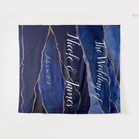 Tenture Bleu & Or Agate moderne Glam Minimal Mariage Tap (Devant (Horizontal))