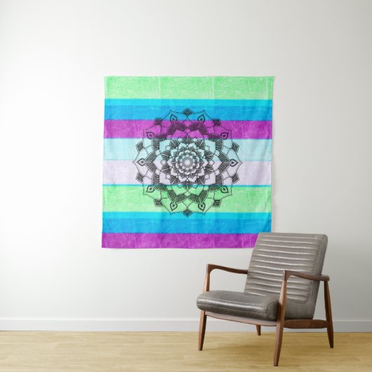 Tenture bleu violet vert Mandala Mur Art (En situation (horizontale))