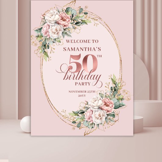 Tenture Blooming Rose Gold Pastel Pink 50th Birthday Banne