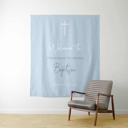 Tenture Blue Baby Boy Calligraphy Baptism Affiche de bienv (En situation)