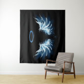 Tenture Blue Glowing Angel Wings on black background (En situation)