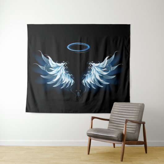 Tenture Blue Glowing Angel Wings on black background (En situation (horizontale))