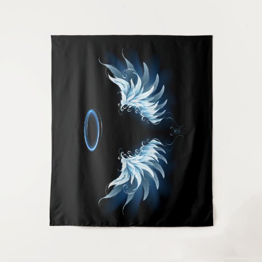 Tenture Blue Glowing Angel Wings on black background (Devant)
