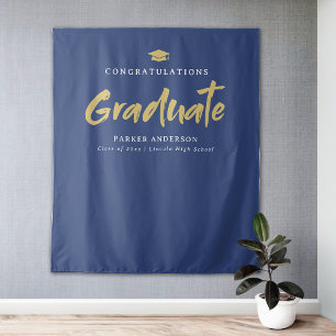 Tenture Blue Gold Moderne Brush Script Graduation Party
