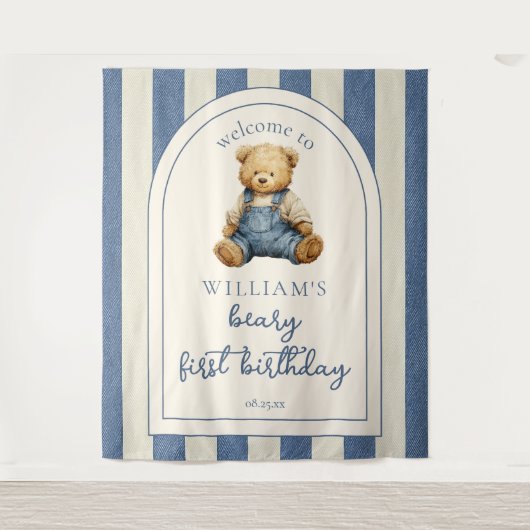 Tenture Blue Jean Teddy Bear 1st Birthday Photo Backdrop (Devant)